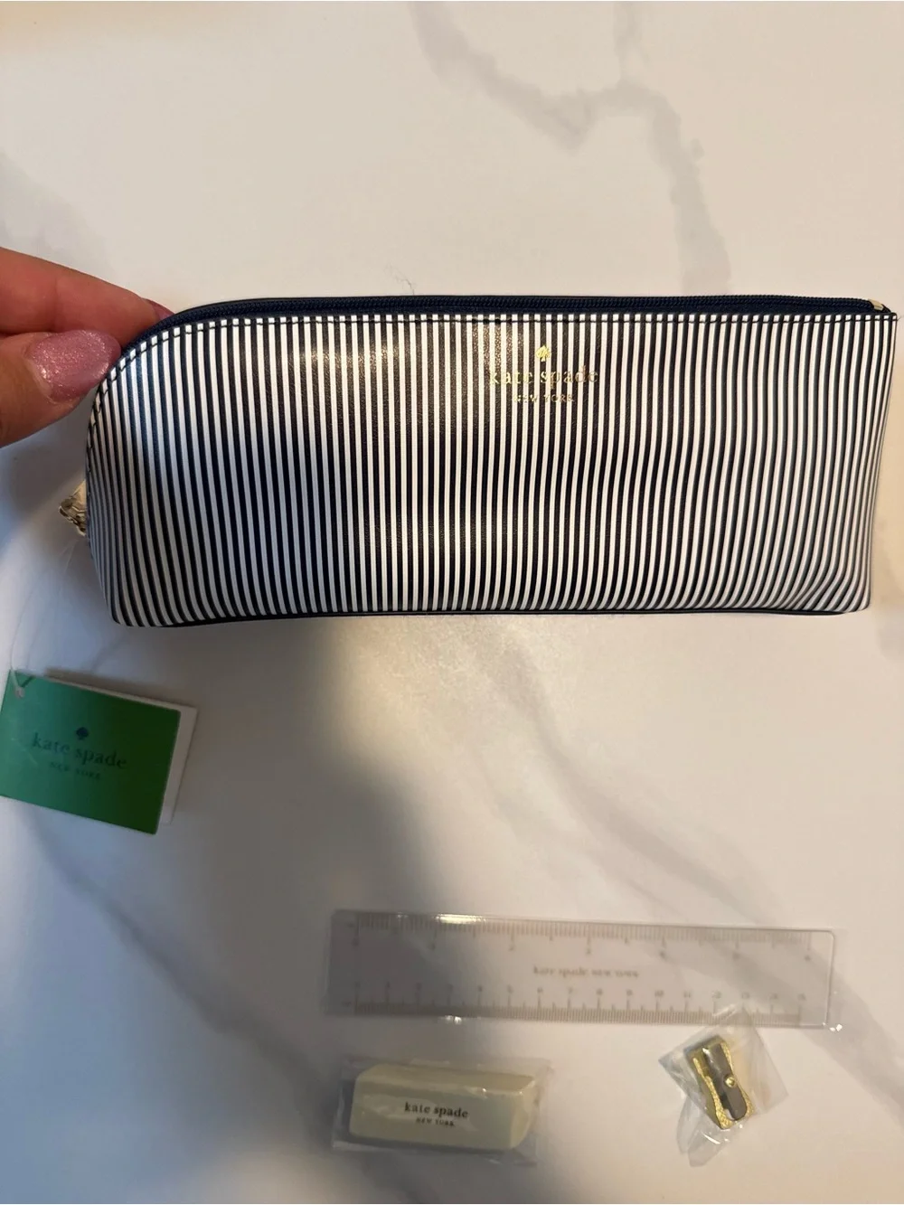 Kate Spade New York Pencil Case, Navy Seersucker Stripe